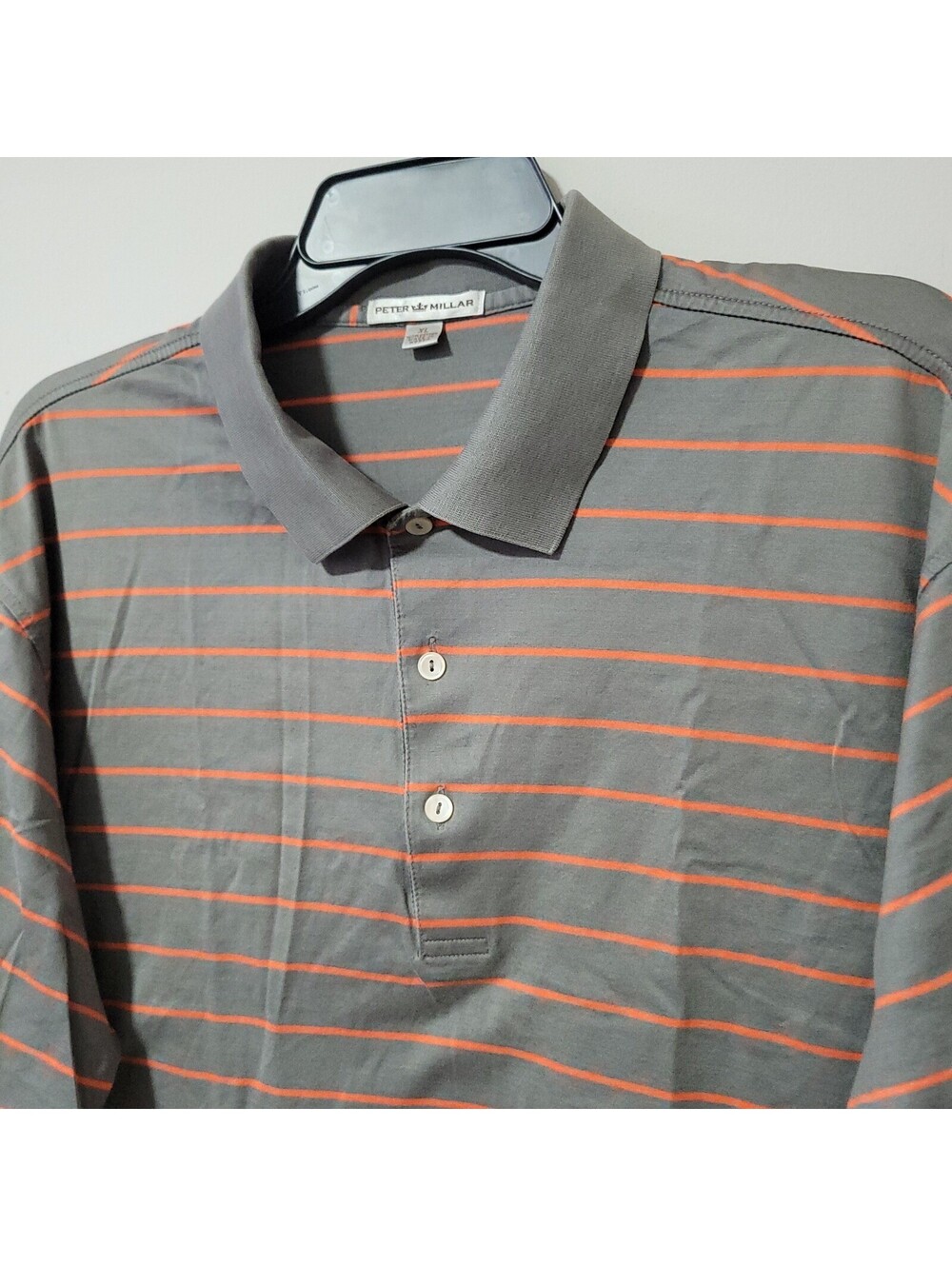 Peter Millar Polo Shirt Mens XL Gray Orange Striped Cotton Golf Casual